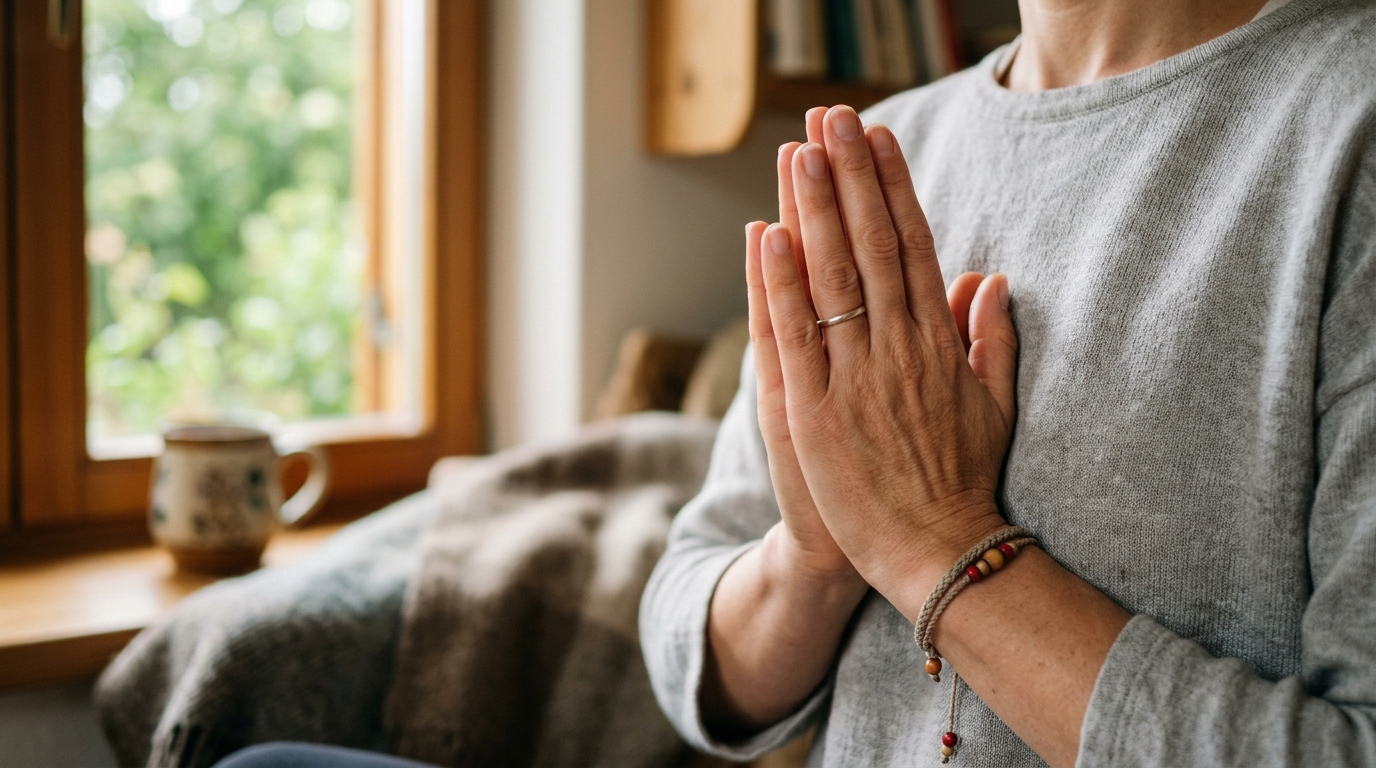 Detail rukou složených k srdci během klidné meditace